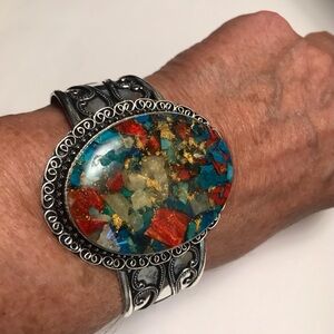 Oyster Copper Turquoise Stamped 925 Sterling Silver Cuff Bracelet